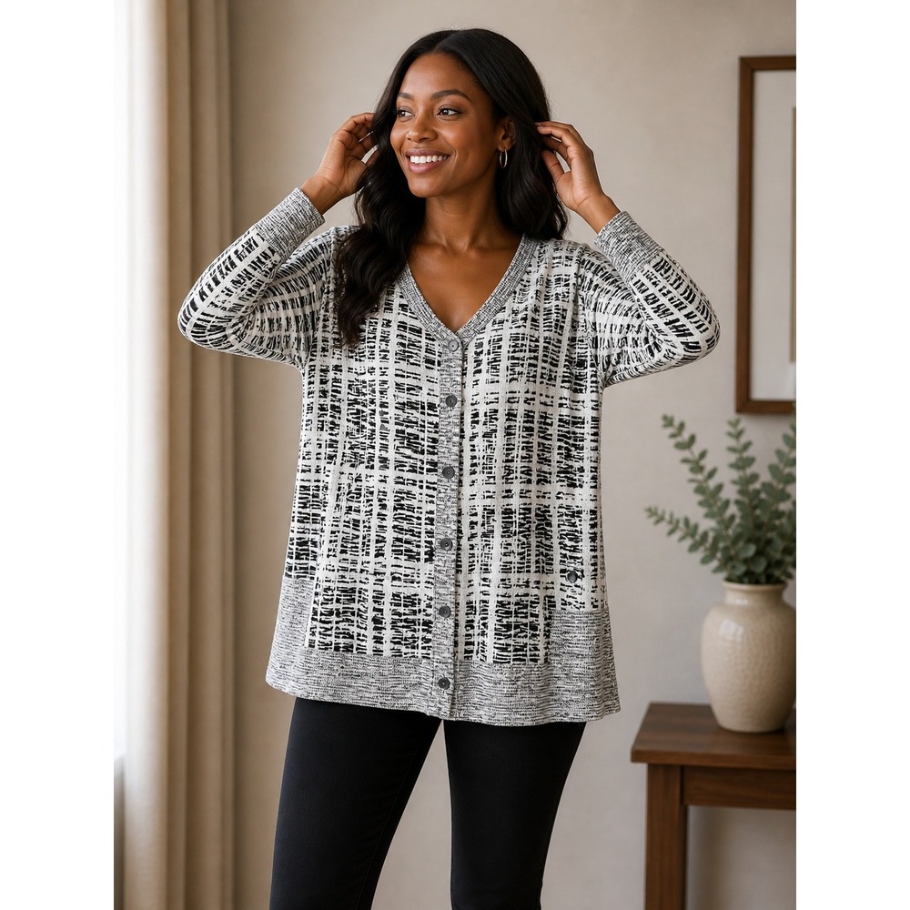 Lane Bryant Womens Black White Abstract Grid Button Front Cardigan Sweater 14/16
